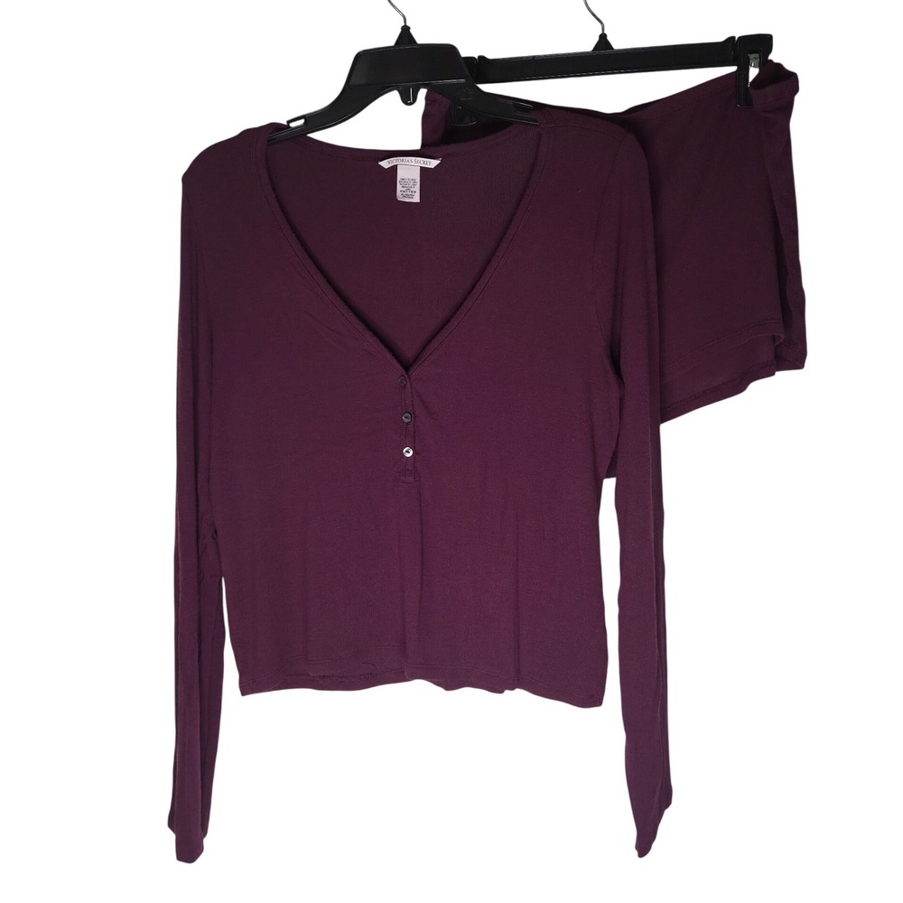 Victorias Secret Pajama Set Plum Purple Ribbed Henley Long Sleeve Shorts XL